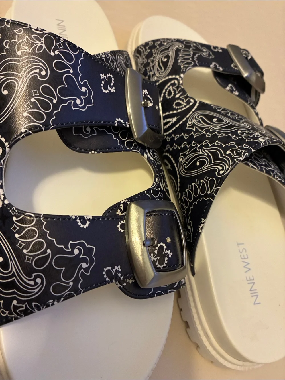 Nine West Blue and White Paisley Double-Buckle Slide Sandals with White Footbed